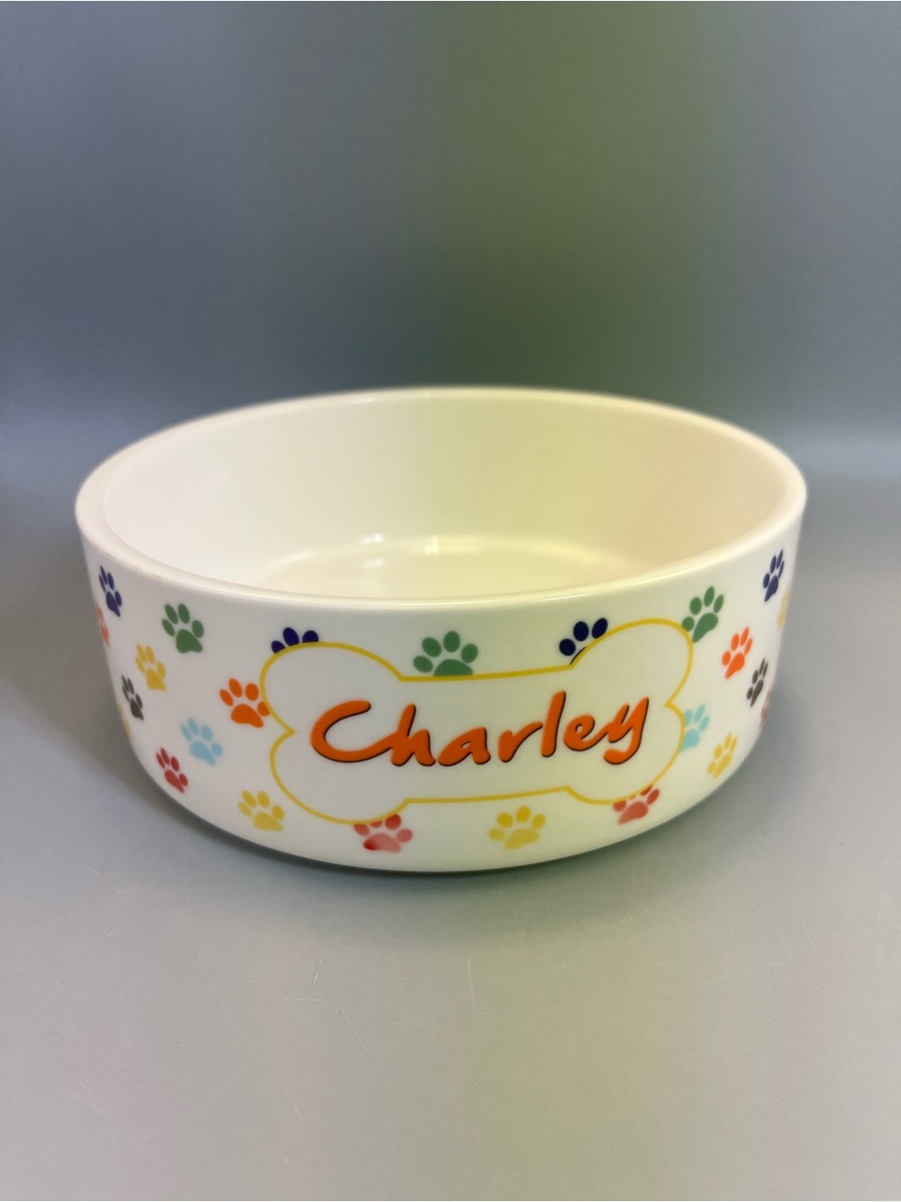 Personalized Heavy Ceramic Dog Bowl For Charley Colorful Cute Paw Prints